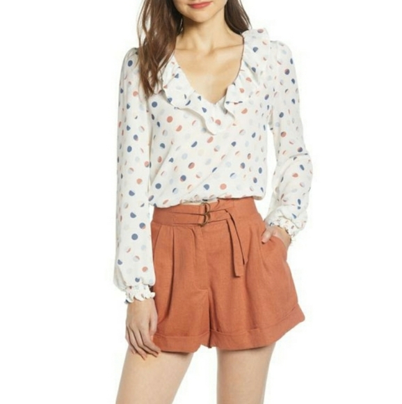 June & Hudson Polka Dot Ruffle V-Neck Blouse L - Picture 1 of 7
